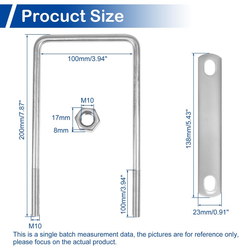MroMax 2Pcs Square U-Bolts 4 Inch Inner Width, M10 x 100 x 200mm 304 Stainless Steel U-Bolts with Frame Plates and Nuts, 7.87 Inch Length, for Automobiles Trailer, Ski Boat, Sailboat and Trailer - Image 3